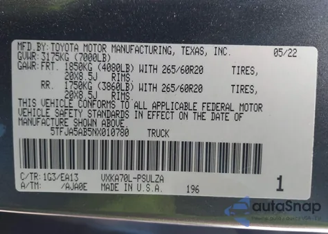 2022 Toyota Tundra Limited z USA, uszkodzony, nr VIN 5TFJA5AB5NX010780